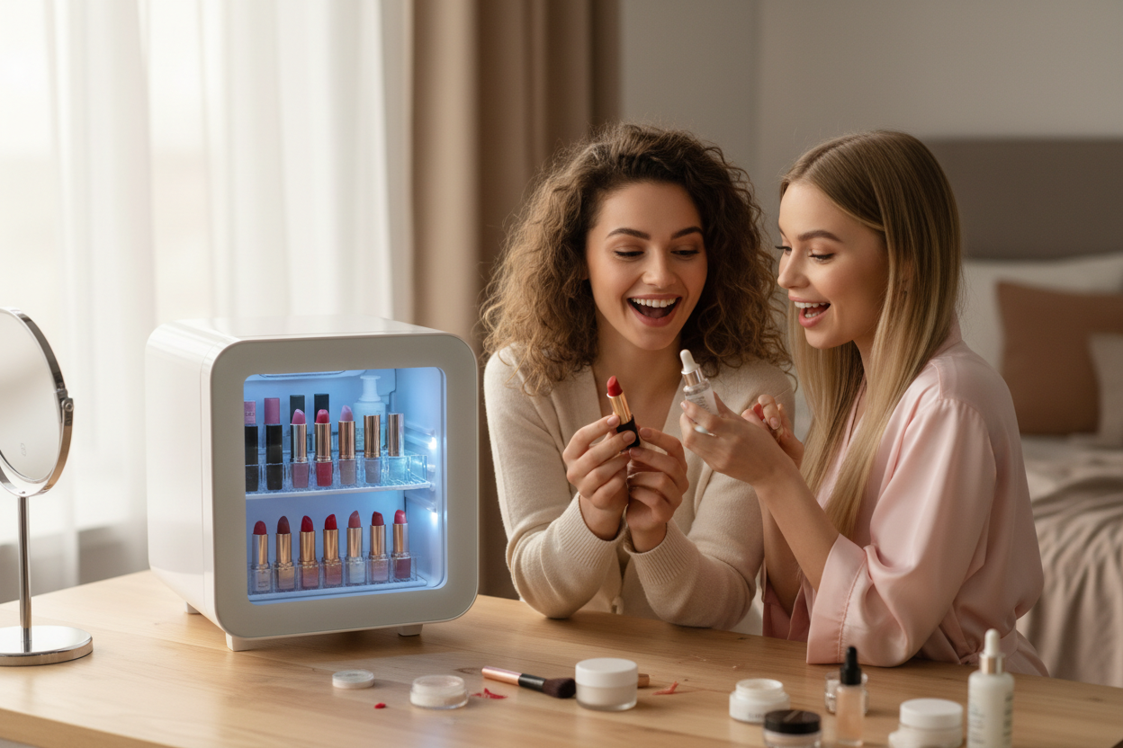 please generate a picture of home 2 girls enjoing their make up fridge , lip sticks and serums 