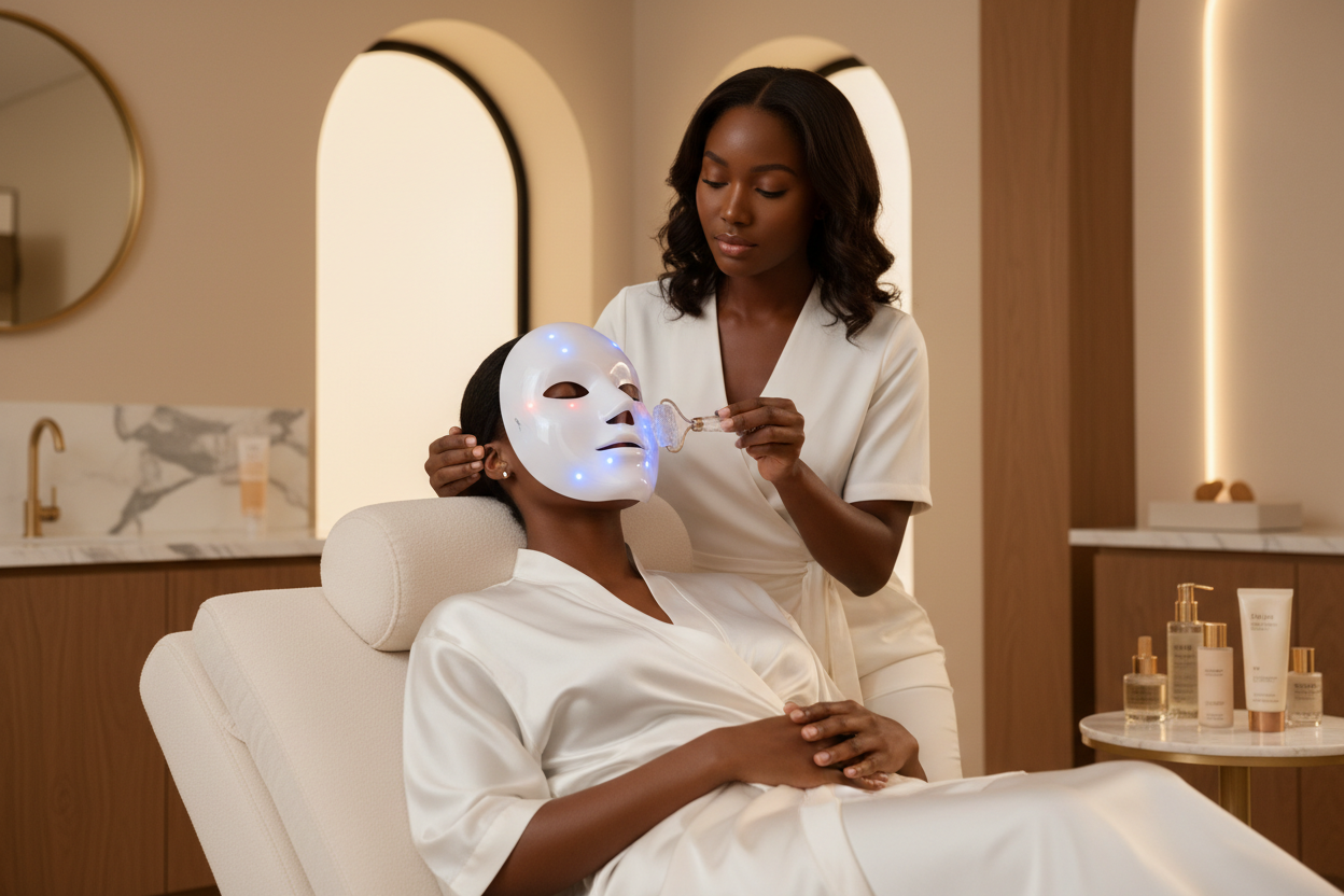 please generate black girls one wearing a led mask and one applying face ice mold