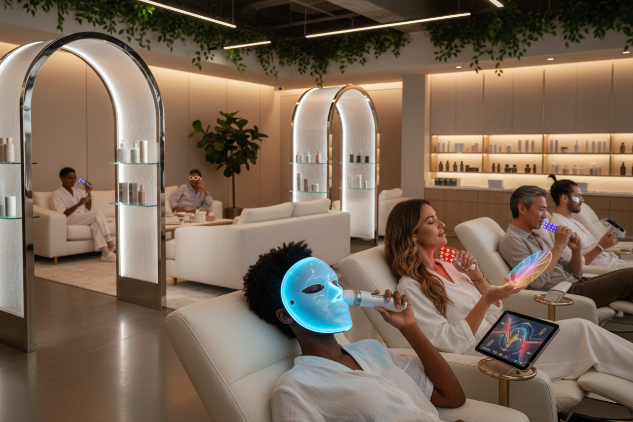 please make a realistic picture that has people with the artistry of beauty-tech innovation, where every device is a gateway to rejuvenation.